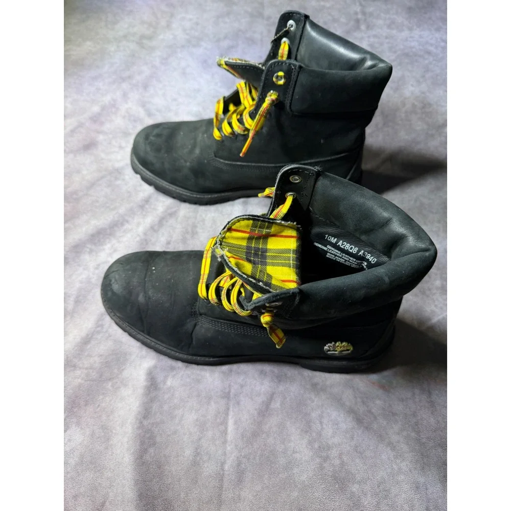 Timberland 6 Inch Premium Black Nubuck Yellow Plaid Boots Mens 10 M A28Q8